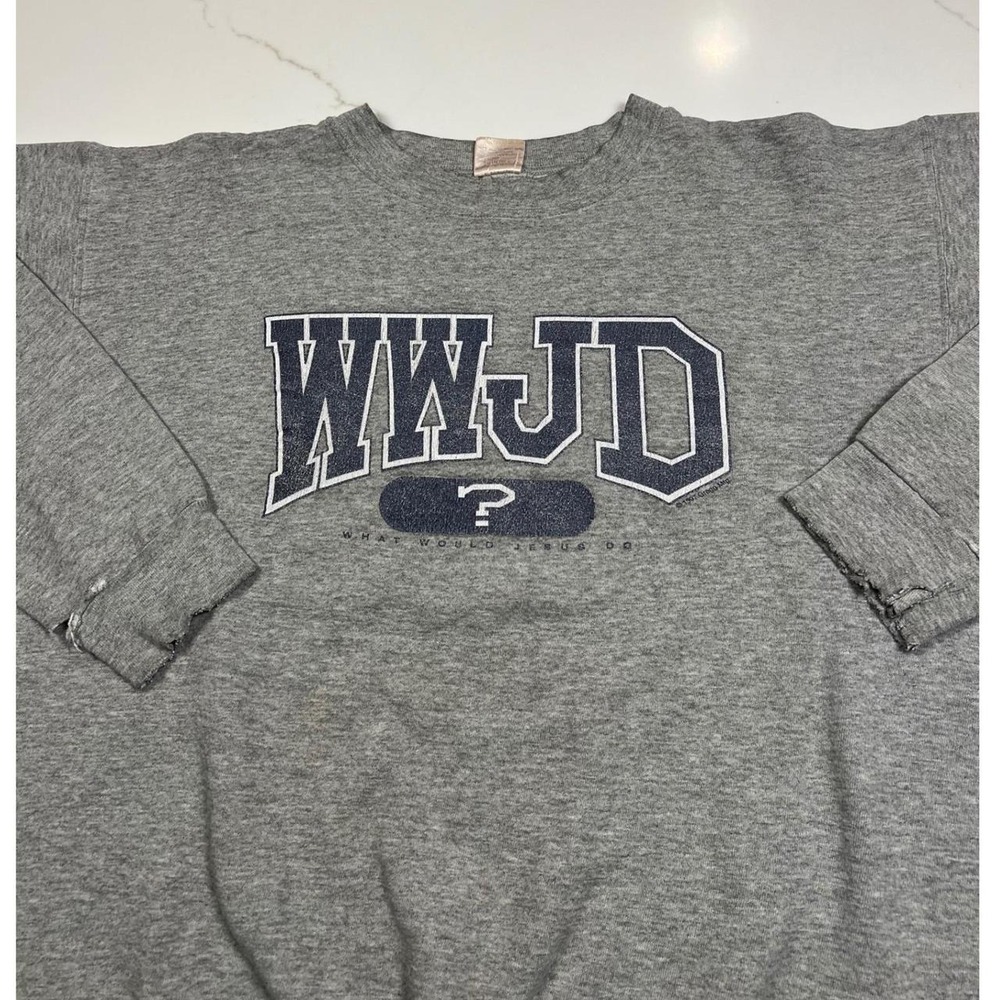 90s WWJD Sweatshirt Mens Large Vintage 1997 Gray Distressed Pullover